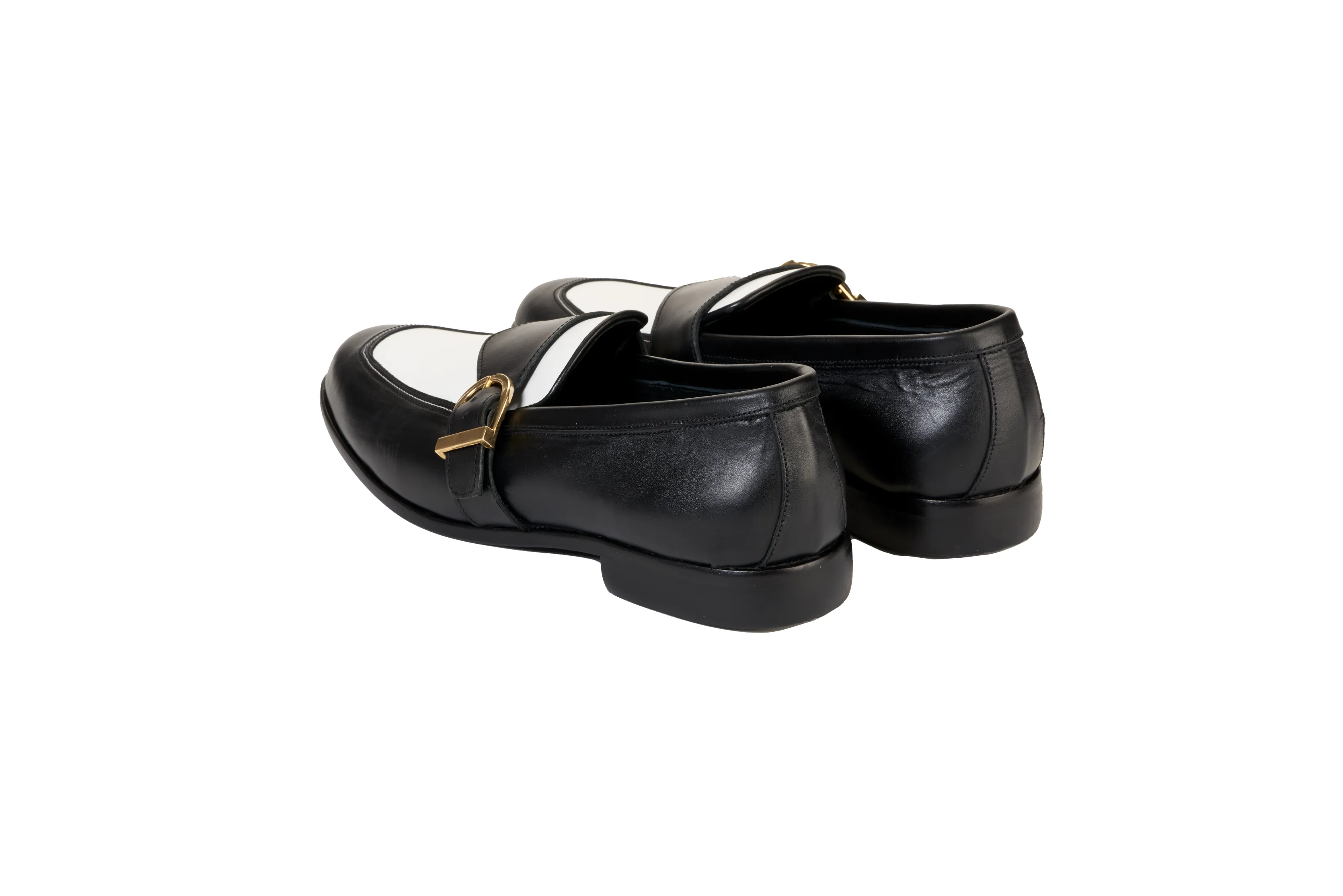 Ajadi Loafers in Black and White Leather with Black Strap Buckle