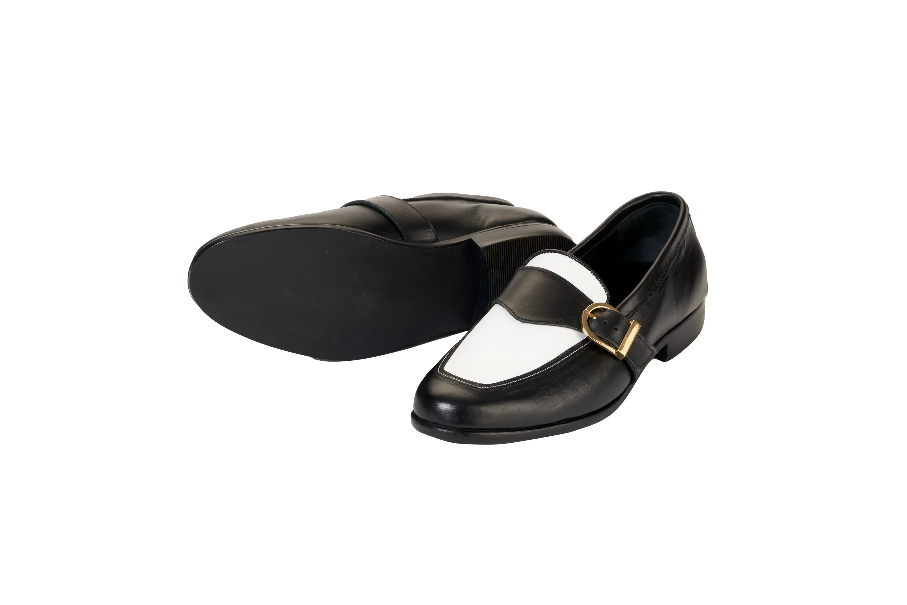 Ajadi Loafers in Black and White Leather with Black Strap Buckle