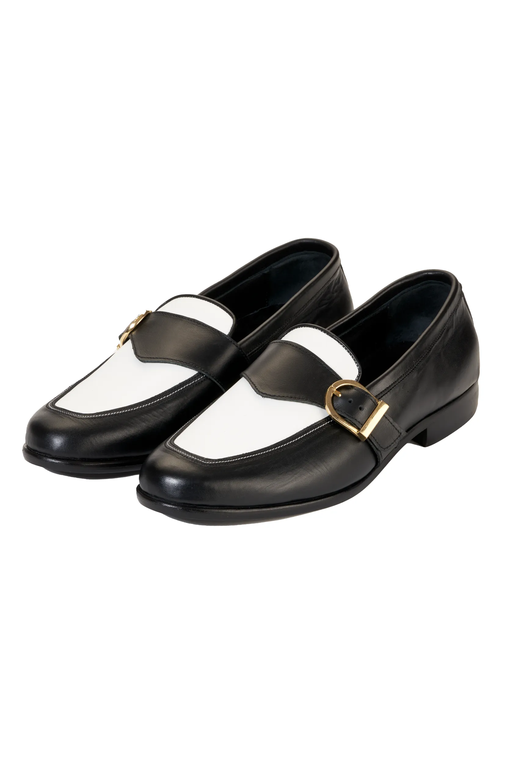 Ajadi Loafers in Black and White Leather with Black Strap Buckle