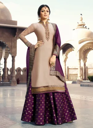 Beige And Purple Embroidered Lehenga Kurti Set