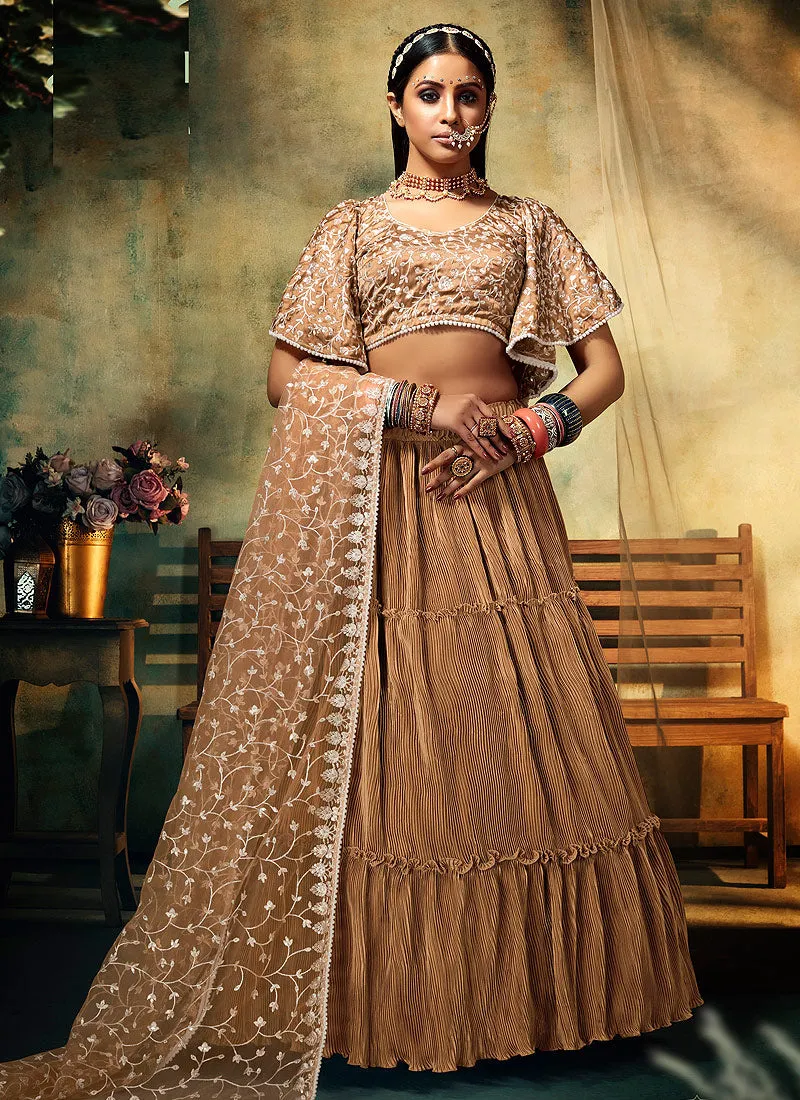 Beige Golden Chikankari Embroidered Lehenga Choli