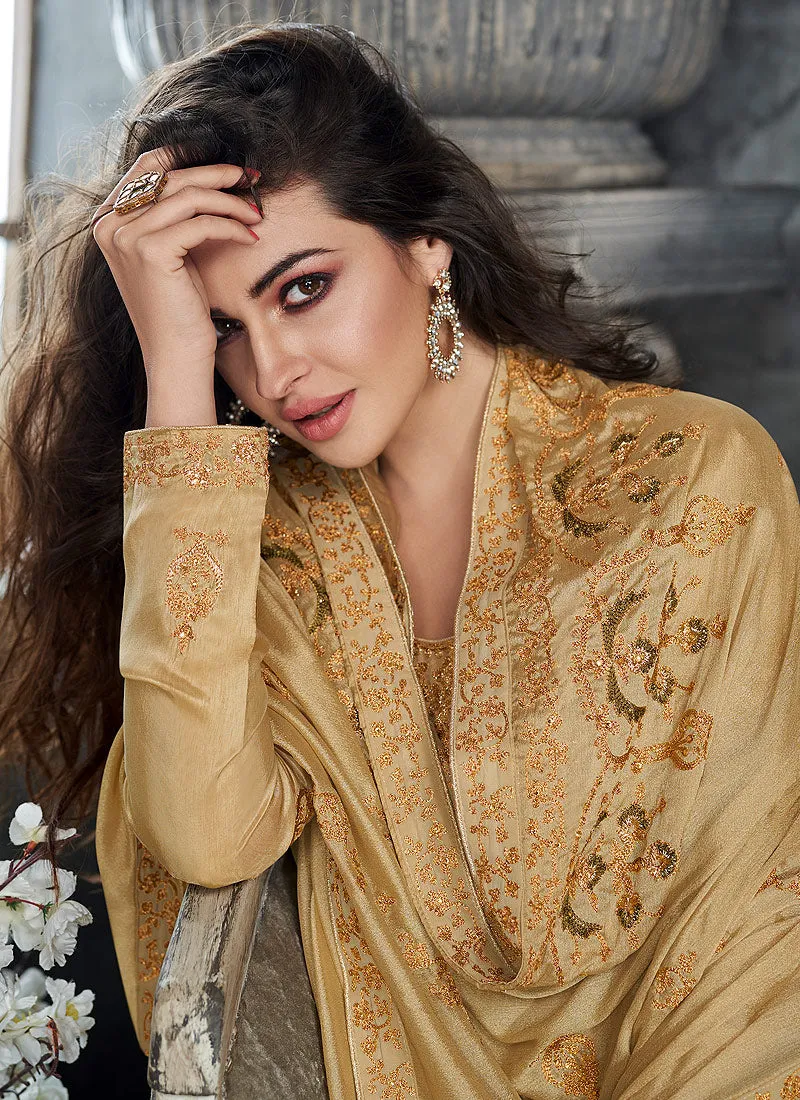 Beige Golden Embroidered Pakistani Palazzo Suit