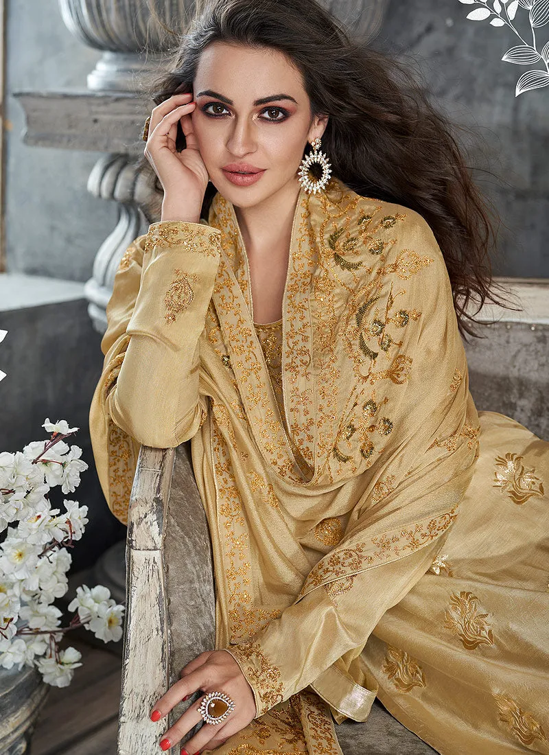 Beige Golden Embroidered Pakistani Palazzo Suit