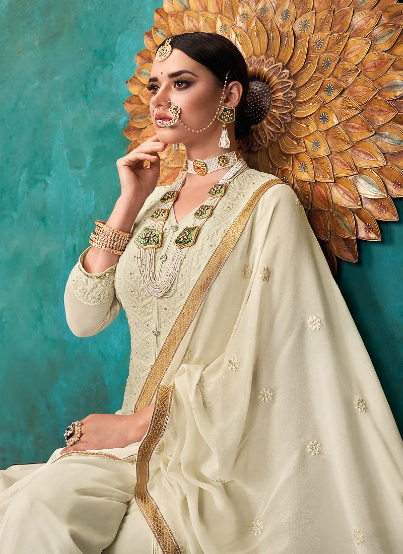 Beige Lucknowi Embroidered Anarkali Palazzo Suit