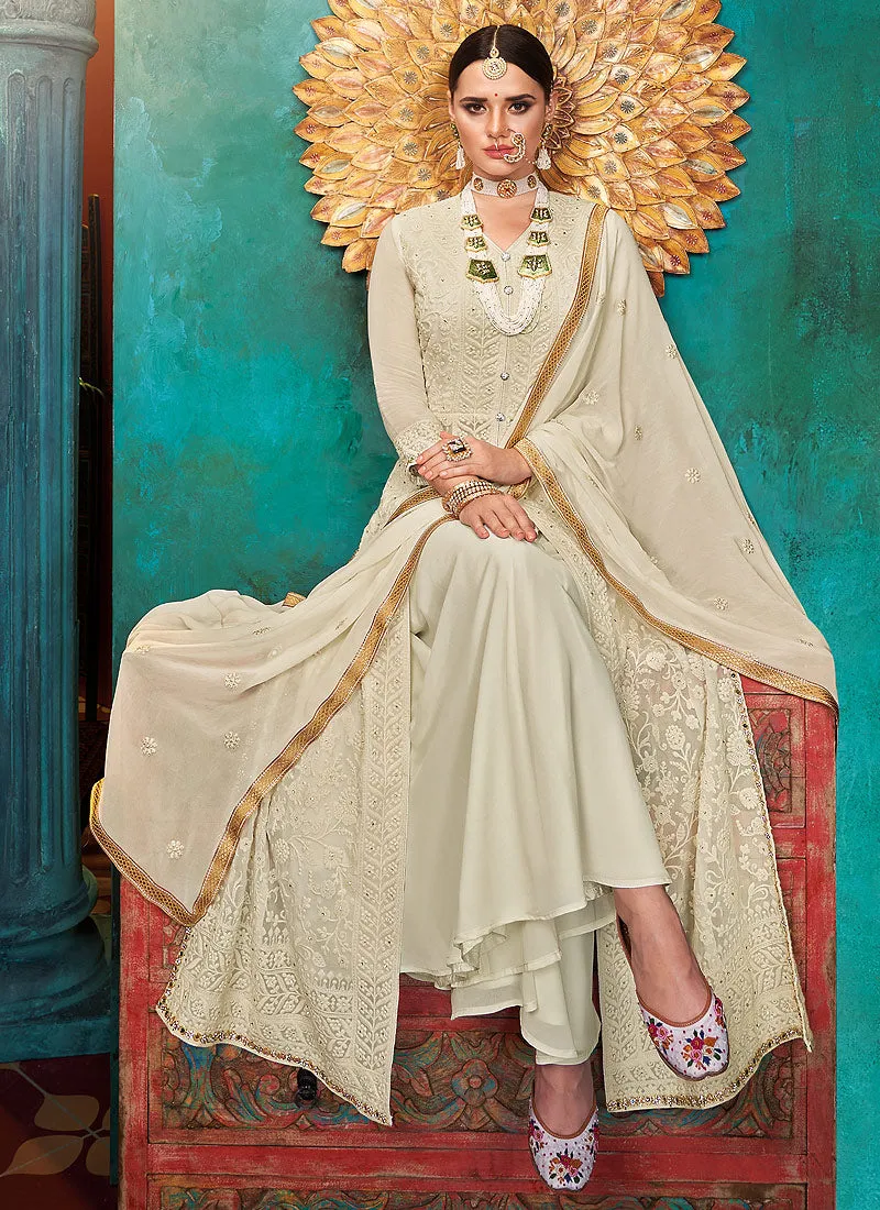 Beige Lucknowi Embroidered Anarkali Palazzo Suit