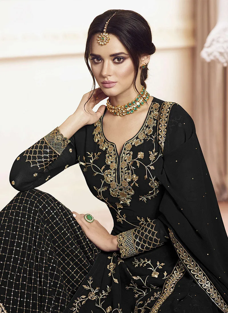 Black Overall Golden Embroidered Gharara Suit