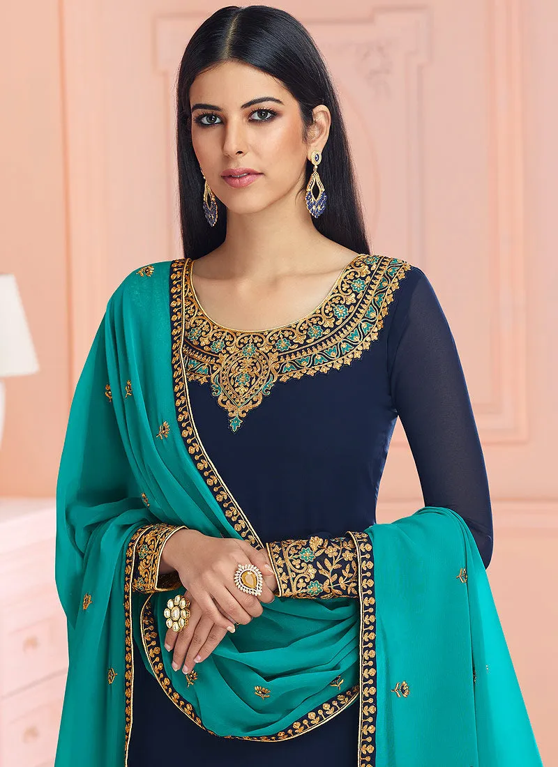 Blue And Turquoise Traditional Embroidered Pant Style Suit