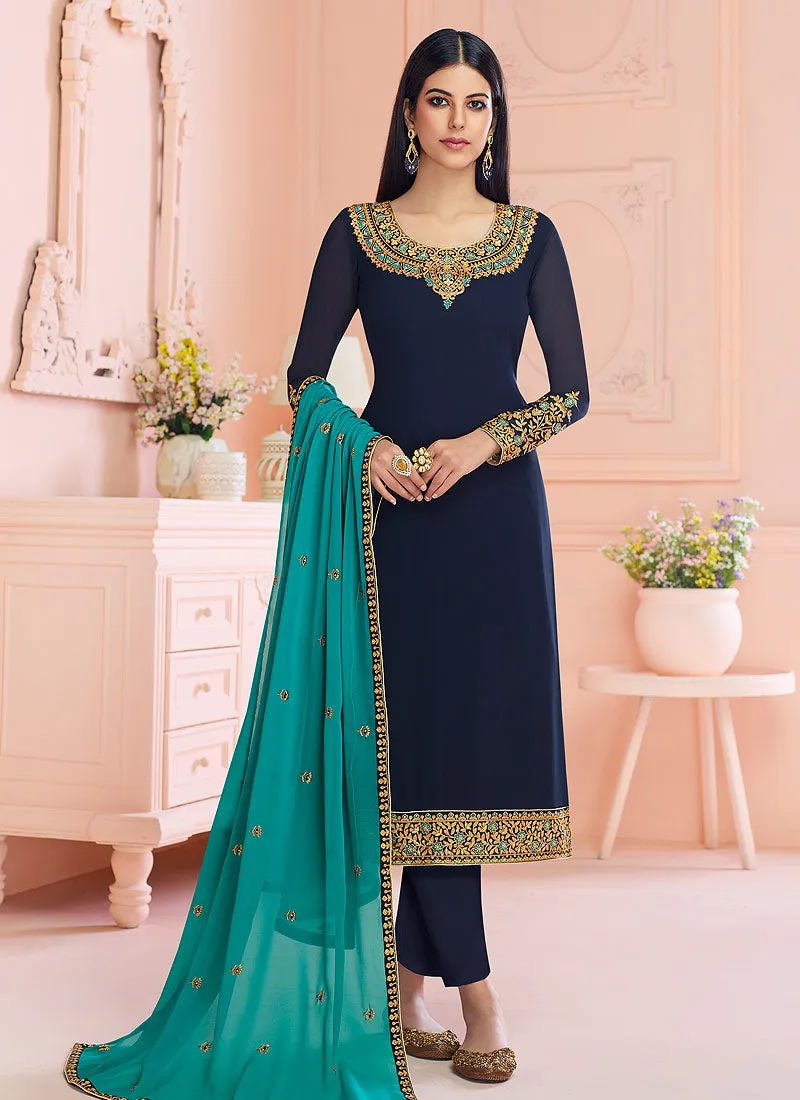 Blue And Turquoise Traditional Embroidered Pant Style Suit