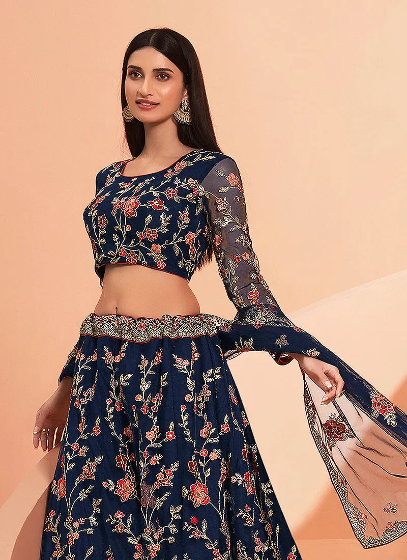 Blue Multi Floral Embroidered Designer Lehenga Choli