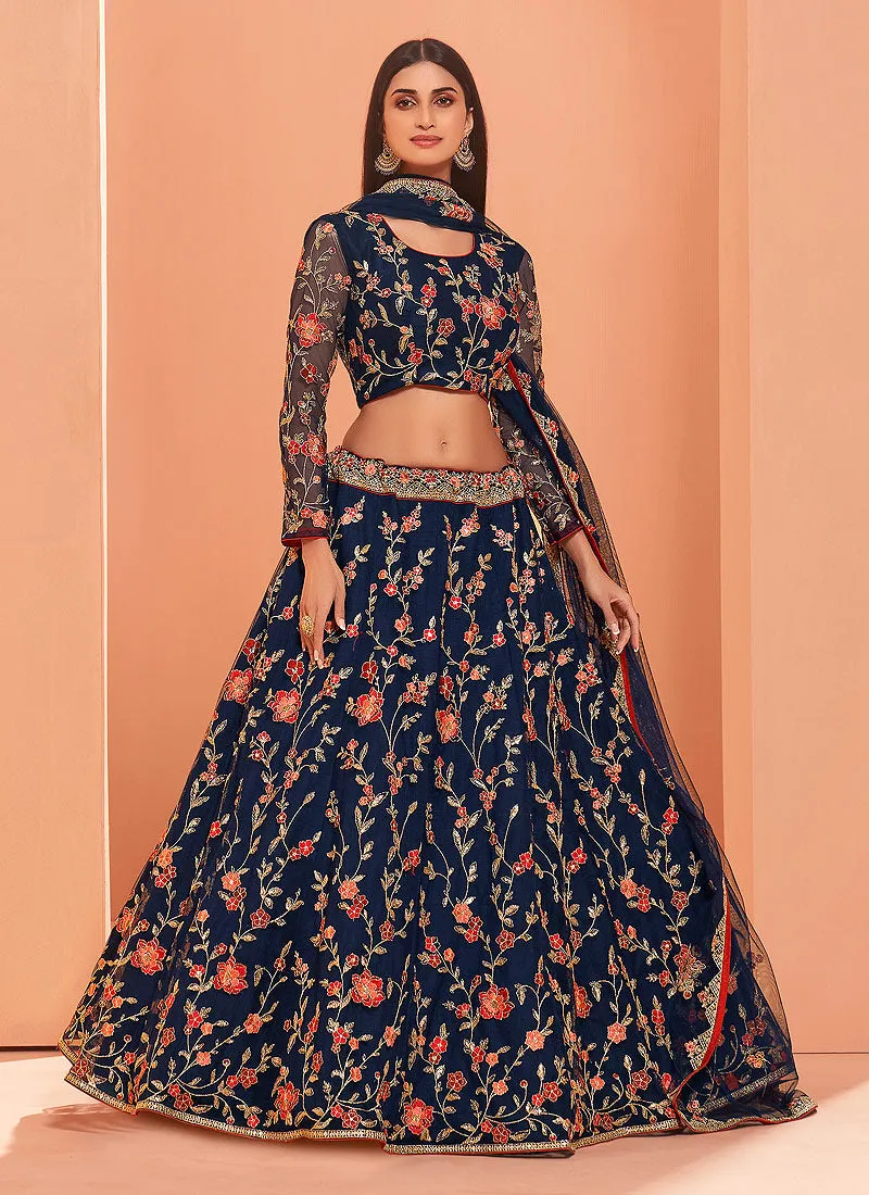 Blue Multi Floral Embroidered Designer Lehenga Choli