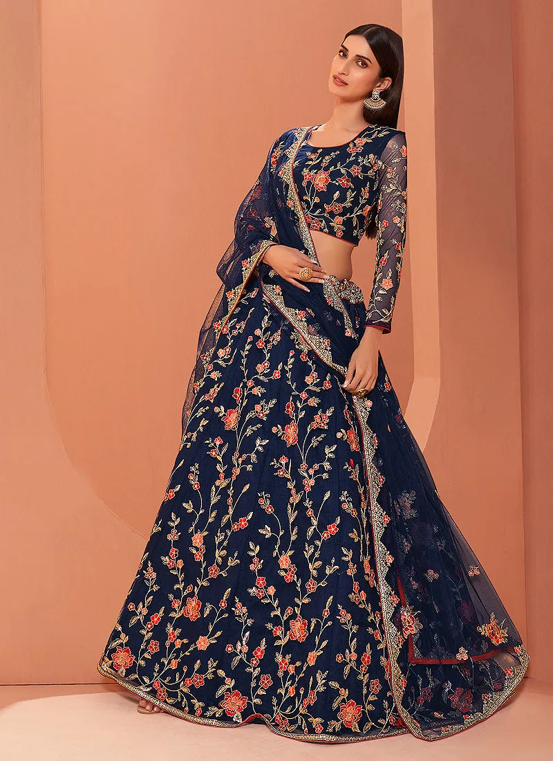 Blue Multi Floral Embroidered Designer Lehenga Choli