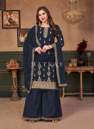 Blue Traditional Embroidered Designer Palazzo Suit