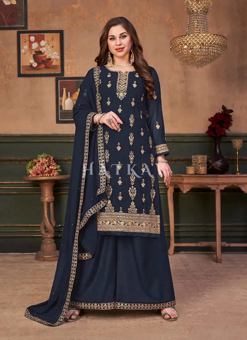 Blue Traditional Embroidered Designer Palazzo Suit