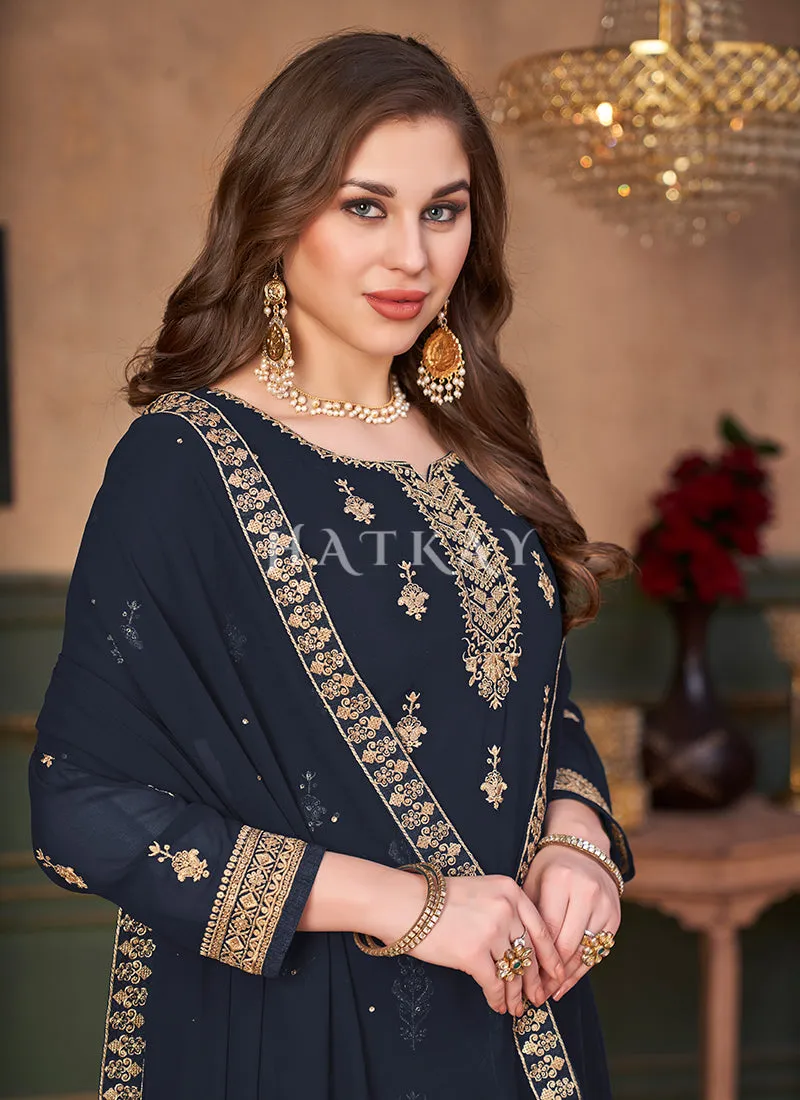 Blue Traditional Embroidered Designer Palazzo Suit