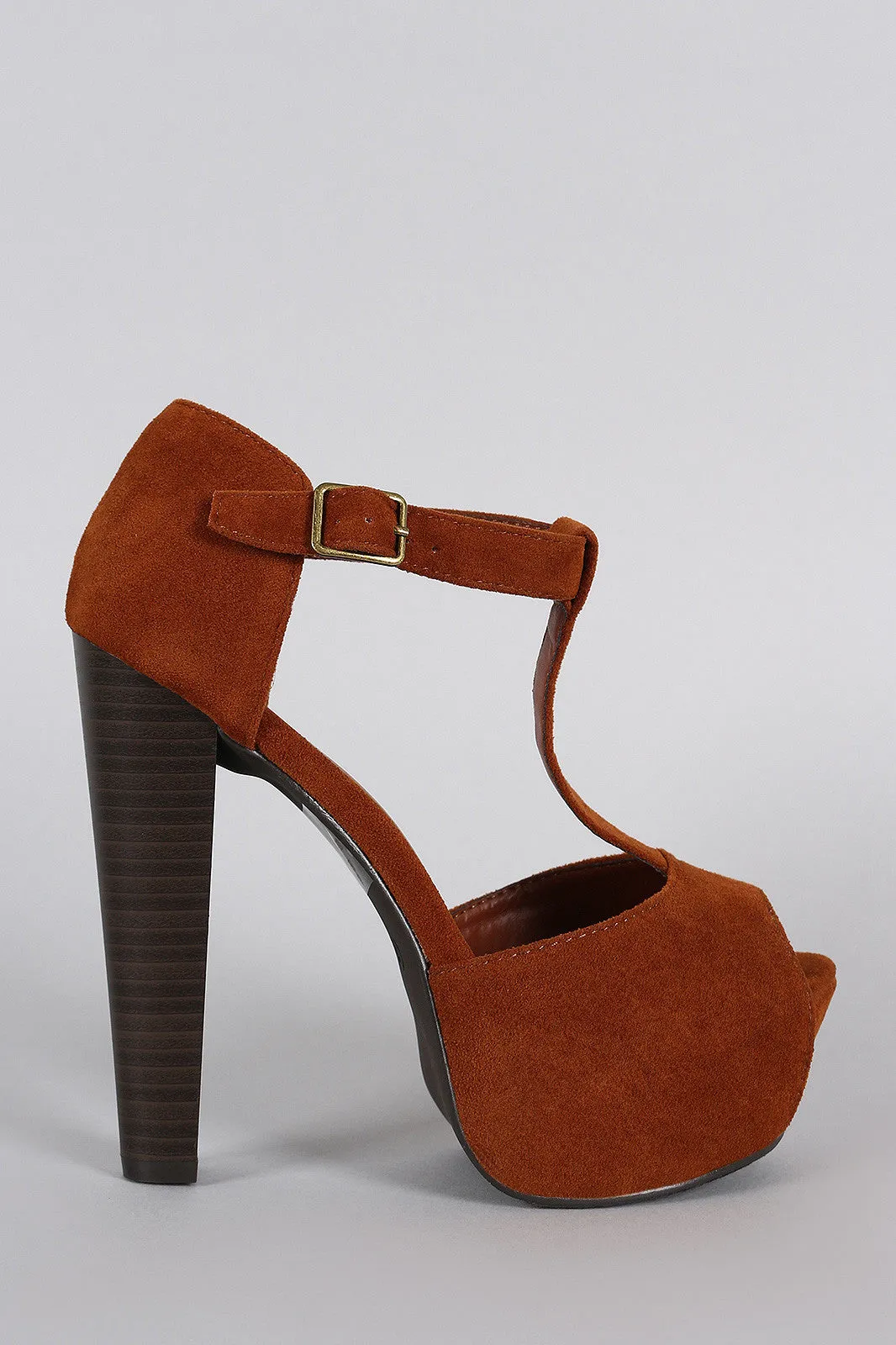 Breckelle T-Strap Suede Peep Toe Platform Chunky Heel