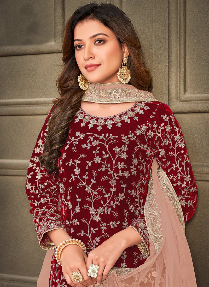 Bridal Red Embroidery Traditional Palazzo Suit