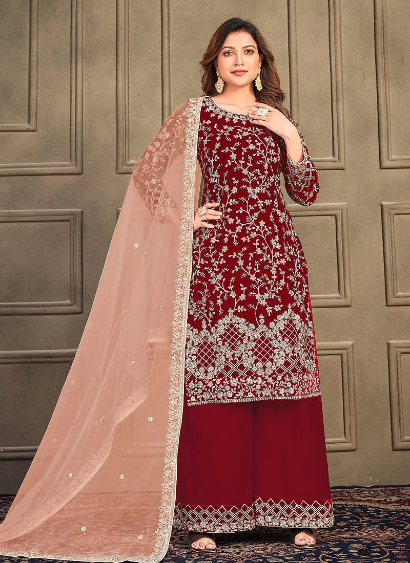 Bridal Red Embroidery Traditional Palazzo Suit