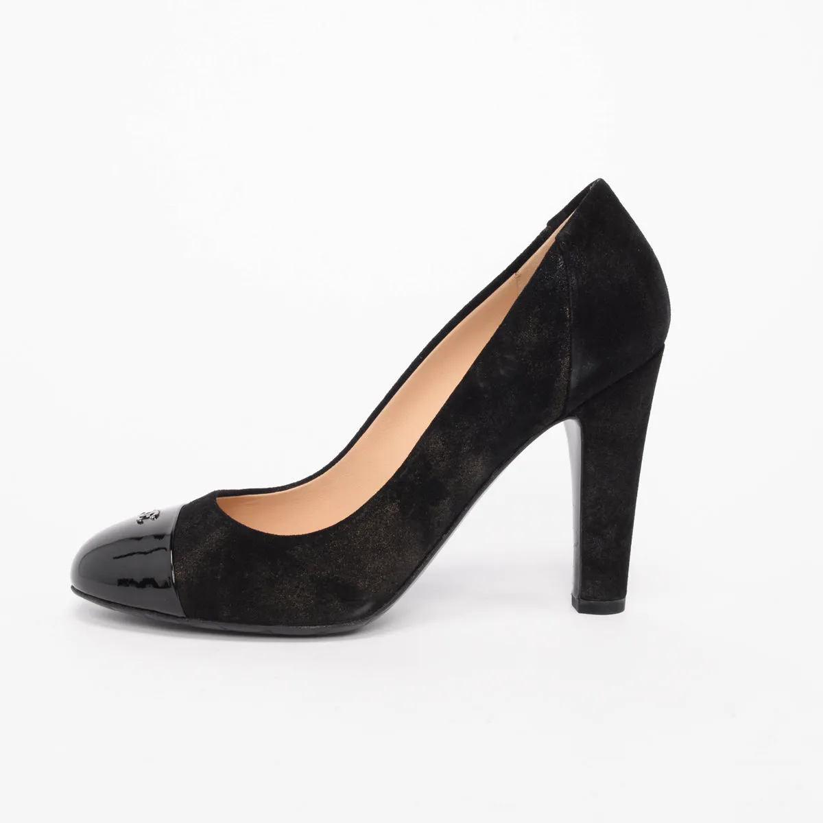 Chanel Black Metallic Suede Cap Toe CC Pumps 37