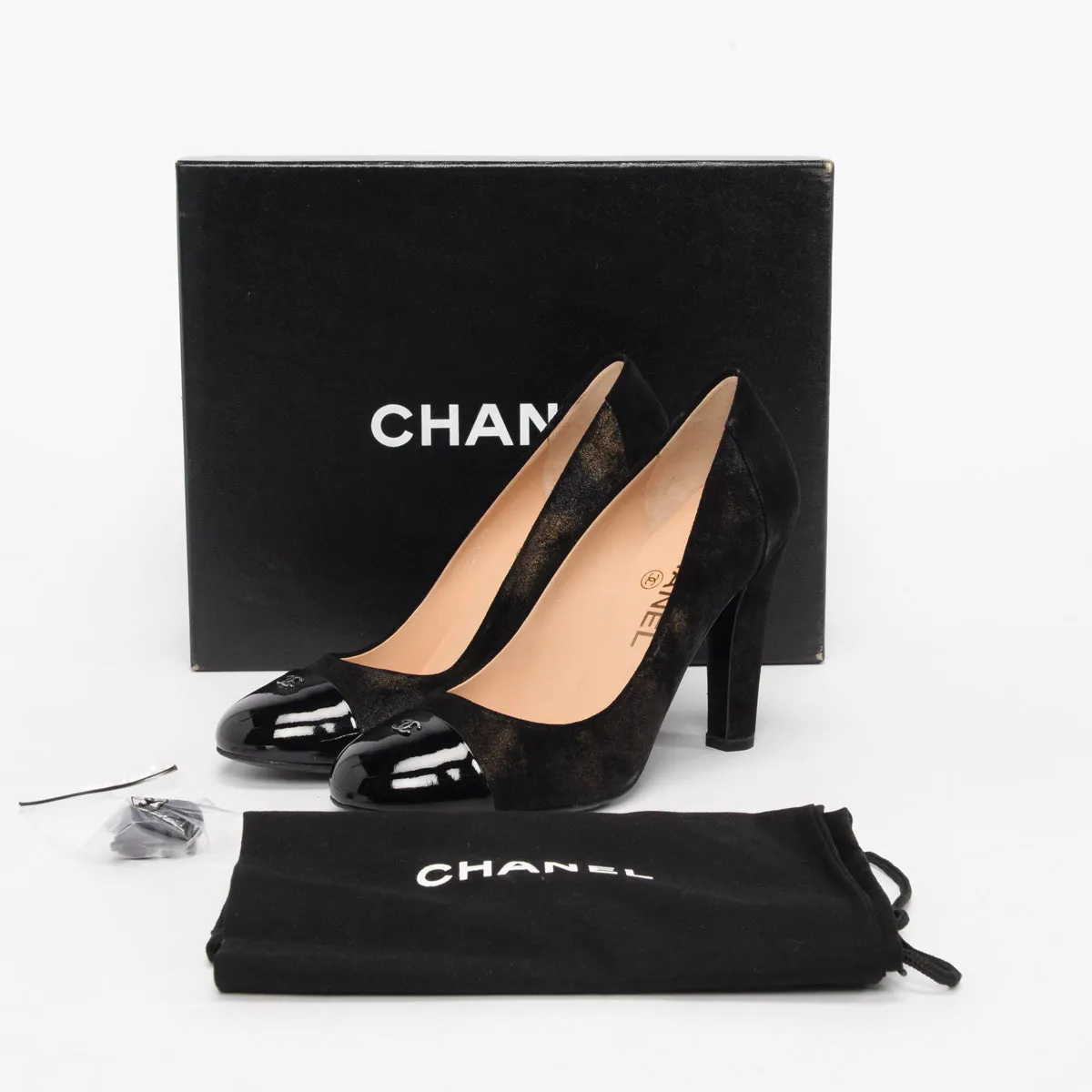 Chanel Black Metallic Suede Cap Toe CC Pumps 37