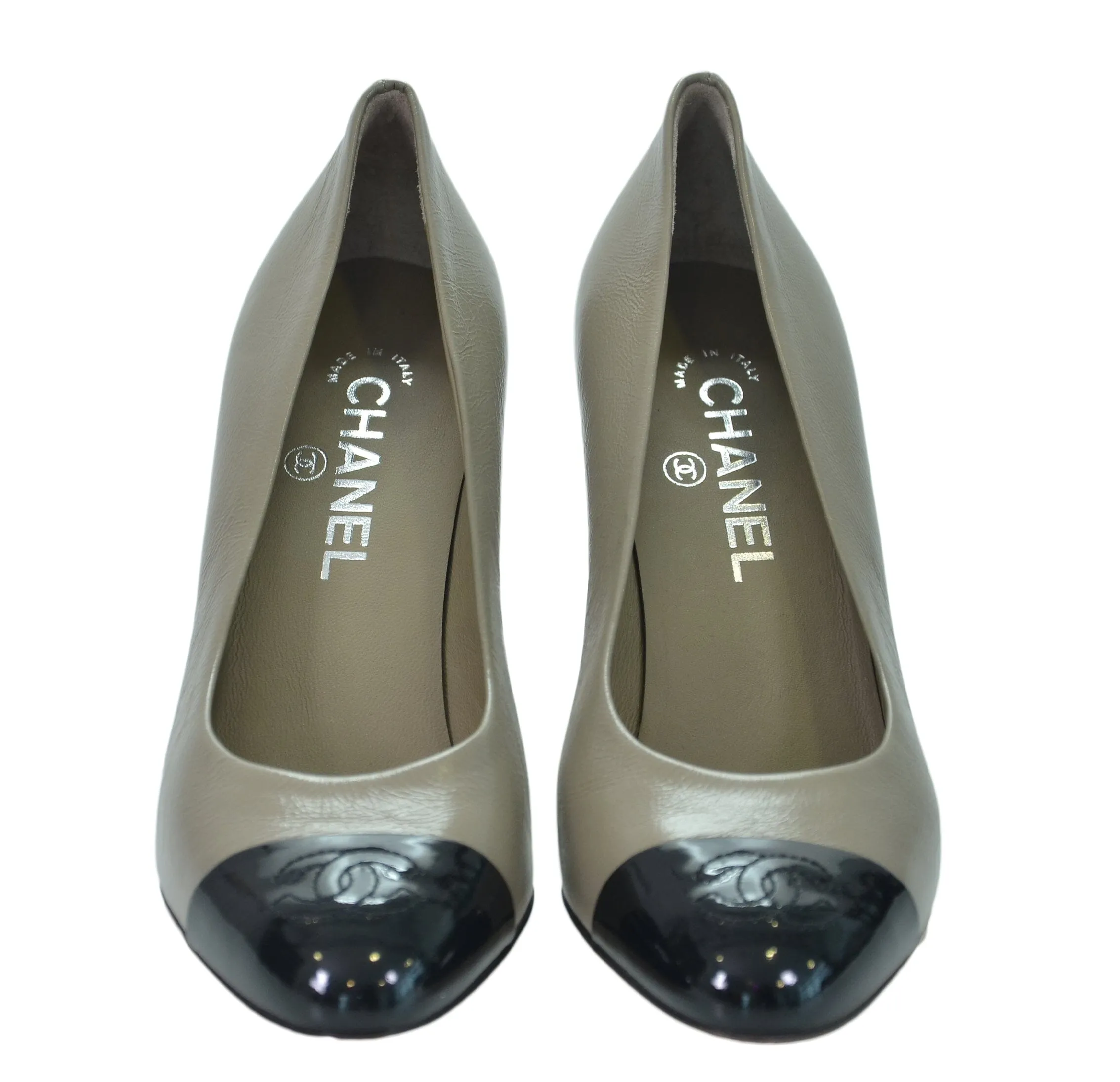 Chanel Grey Leather Black Patent CC Cap Toe Pumps