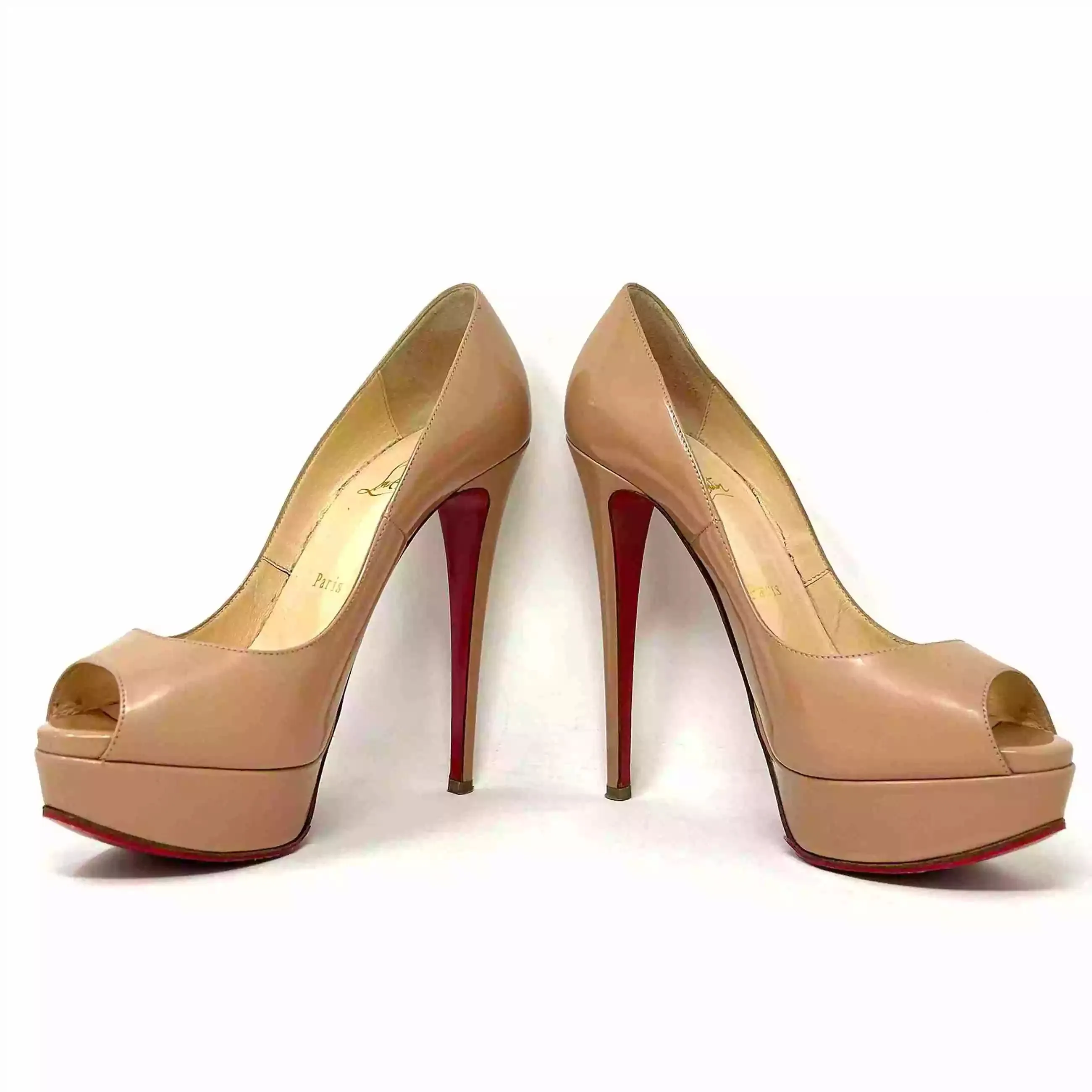 Christian Louboutin Lady Peep 140 Nude Patent Leather Platform Heels 37.5 UK 4.5