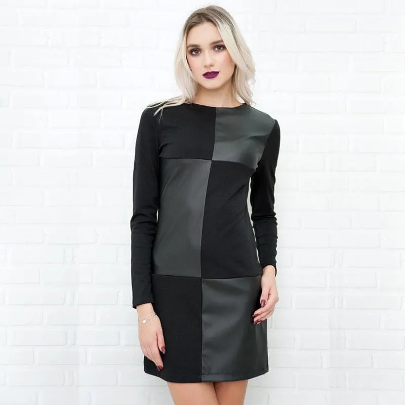 Contrast Patchwork Stretch PU Leather Dress