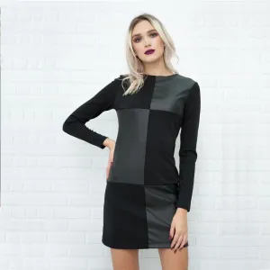 Contrast Patchwork Stretch PU Leather Dress