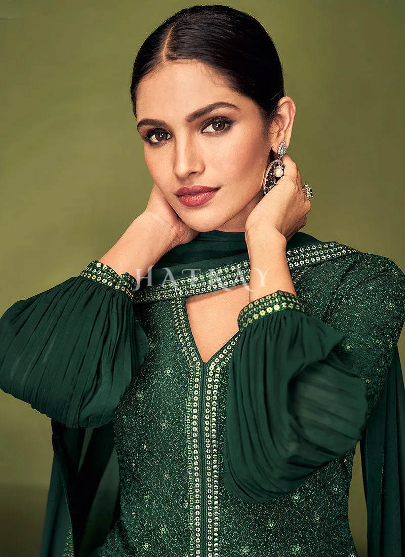 Dark Green Sequence Embroidered Traditional Sharara Suit