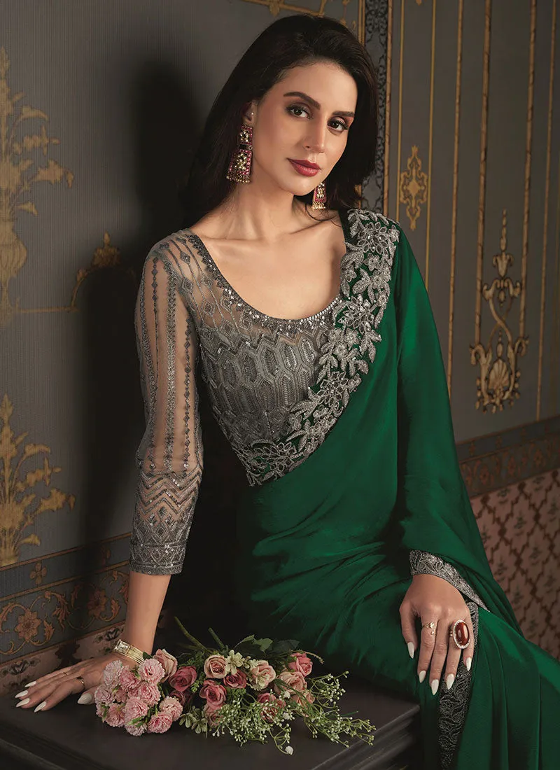 Dark Green Sequence Embroidery Designer Saree