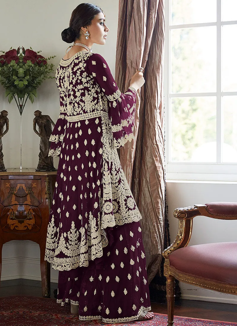 Deep Wine Multi Embroidered Designer Sharara Suit