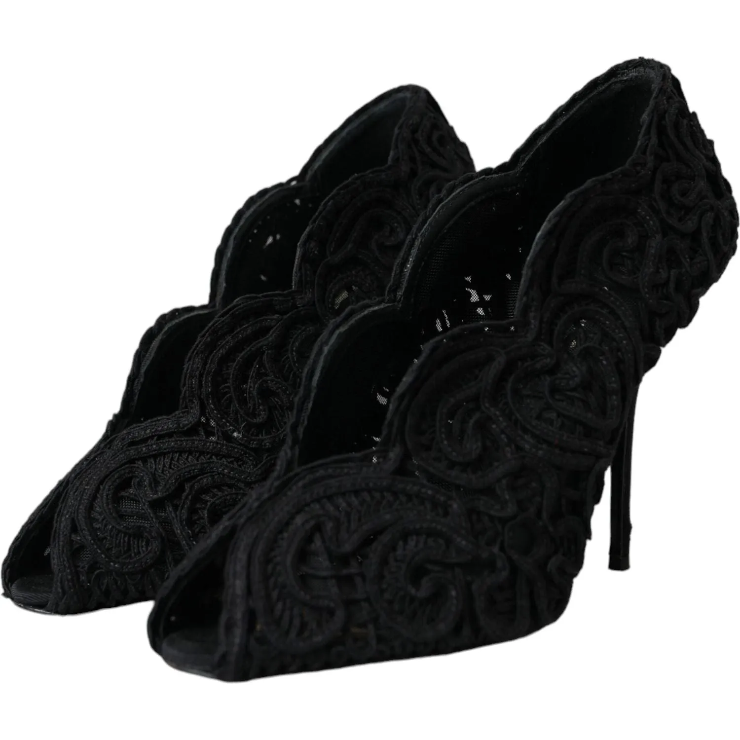 Dolce & Gabbana Black Cordonetto Ricamo Pump Open Toe Shoes