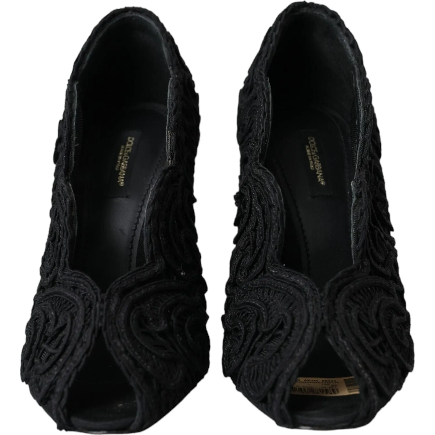 Dolce & Gabbana Black Cordonetto Ricamo Pump Open Toe Shoes