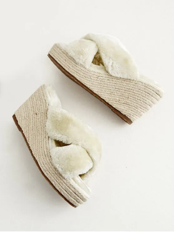 Fashion Faux Fur Criss Cross Wedge Heel Slippers