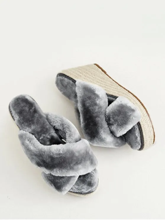 Fashion Faux Fur Criss Cross Wedge Heel Slippers