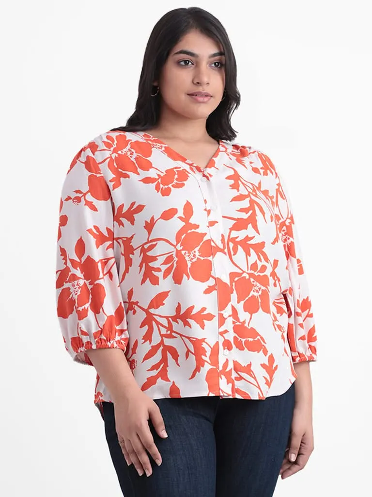 Gia White and Orange Printed Floral Relaxed Fit Blouse