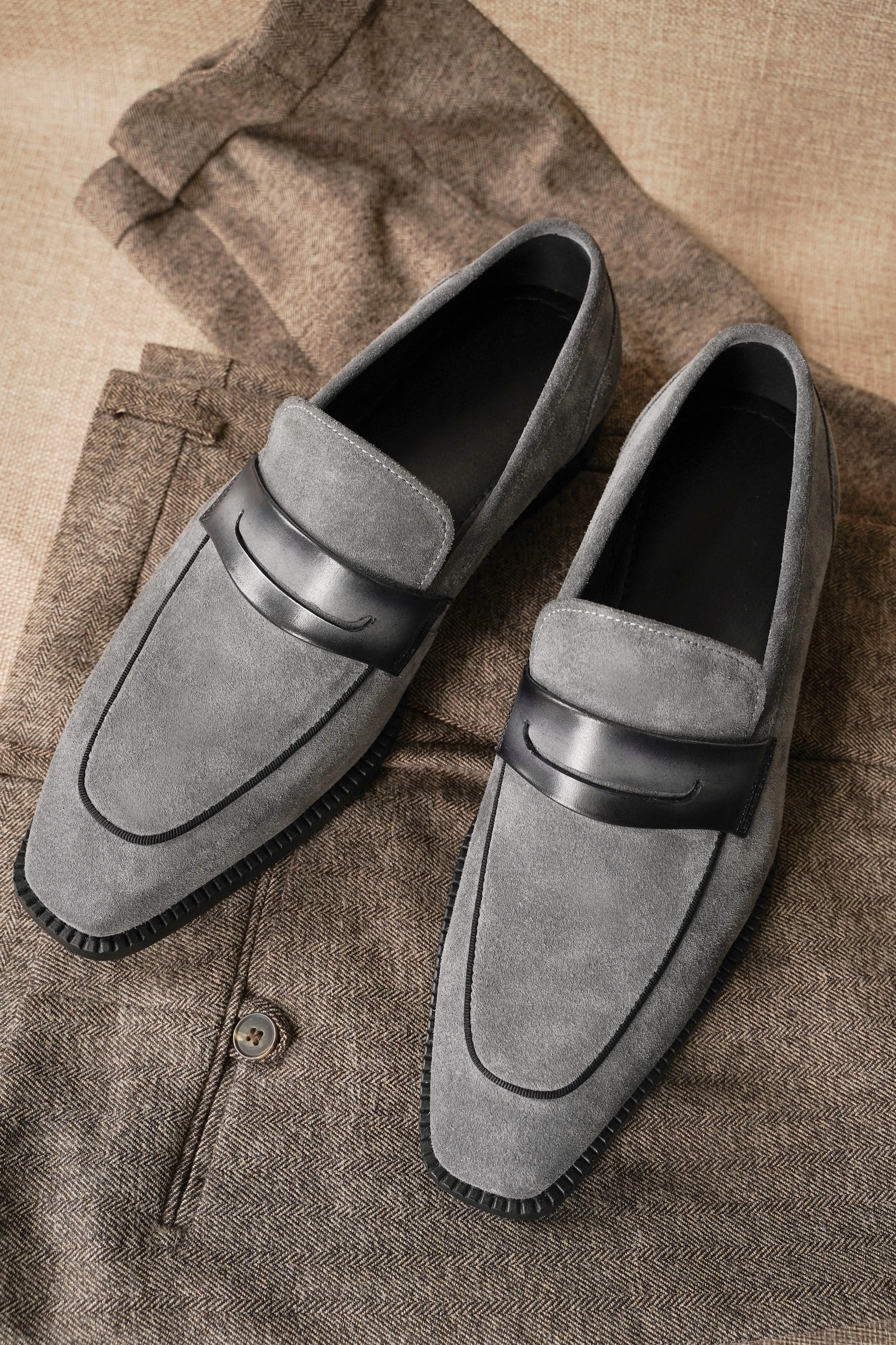 Gray Suede Penny Loafers