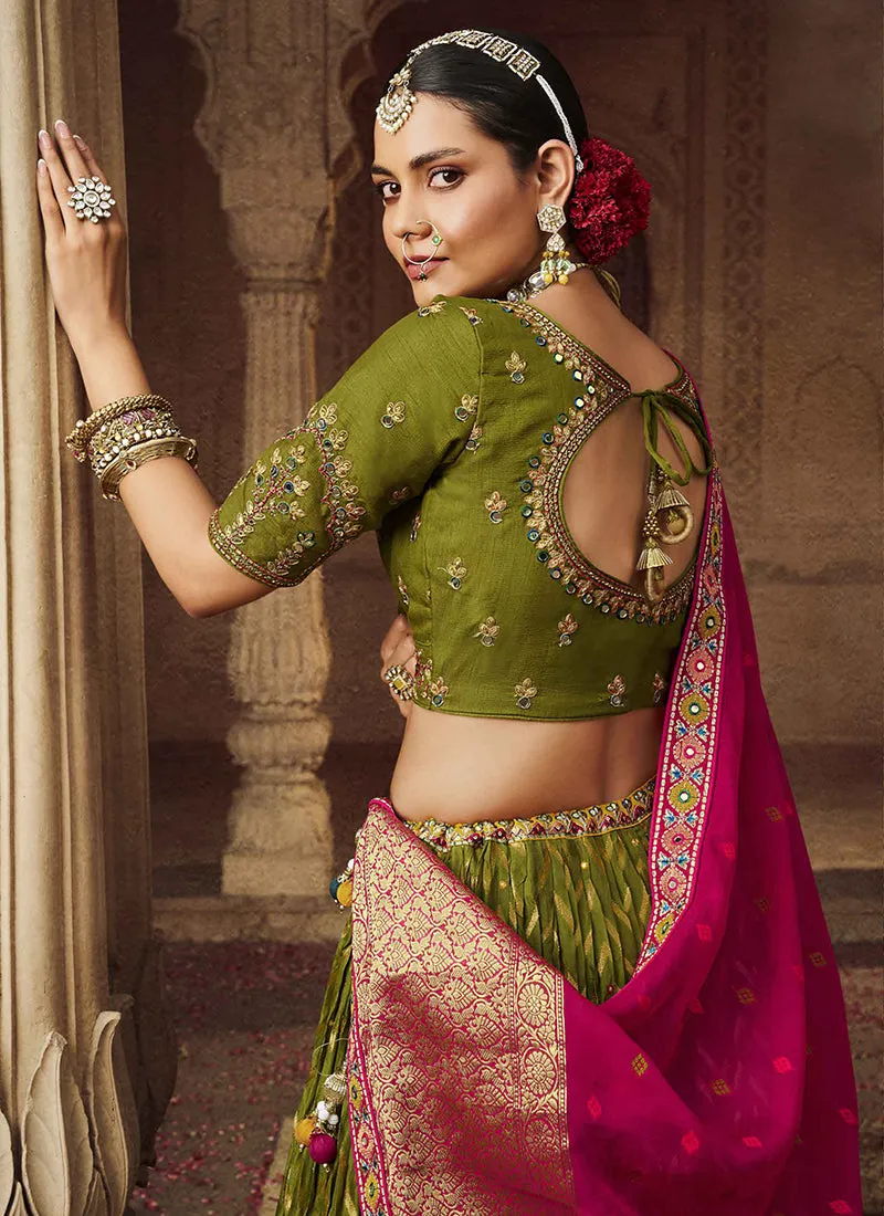 Green Pink Embroidery Viscose Lehenga Choli