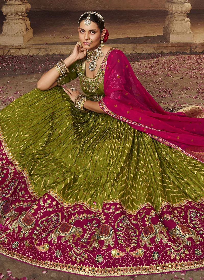 Green Pink Embroidery Viscose Lehenga Choli