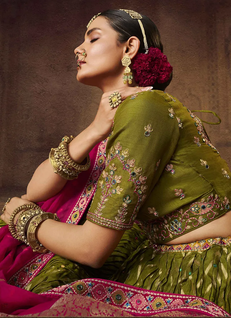 Green Pink Embroidery Viscose Lehenga Choli