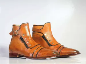 Handmade Men's Ankle High Tan Cap Toe Buckle With Side Zip Style Leather Boots