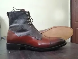 Handmade Men's Cap Toe Leather Boot, Men's Brown Gray Ankle High Lace Up Boot