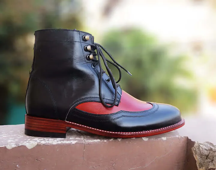 Handmade Tow Tone Black Burgundy Boots. Lace Up Leather Boots, Casual Leather Boots Men's