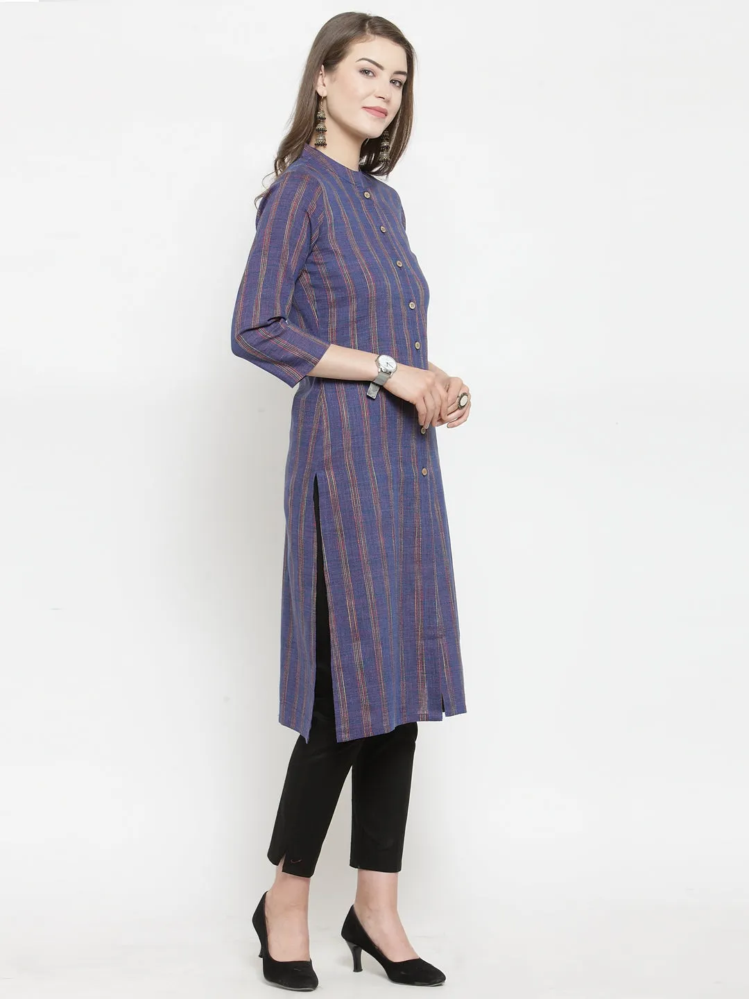 Jashvi Women Blue Blue Striped Cotton-blend Straight Kurta