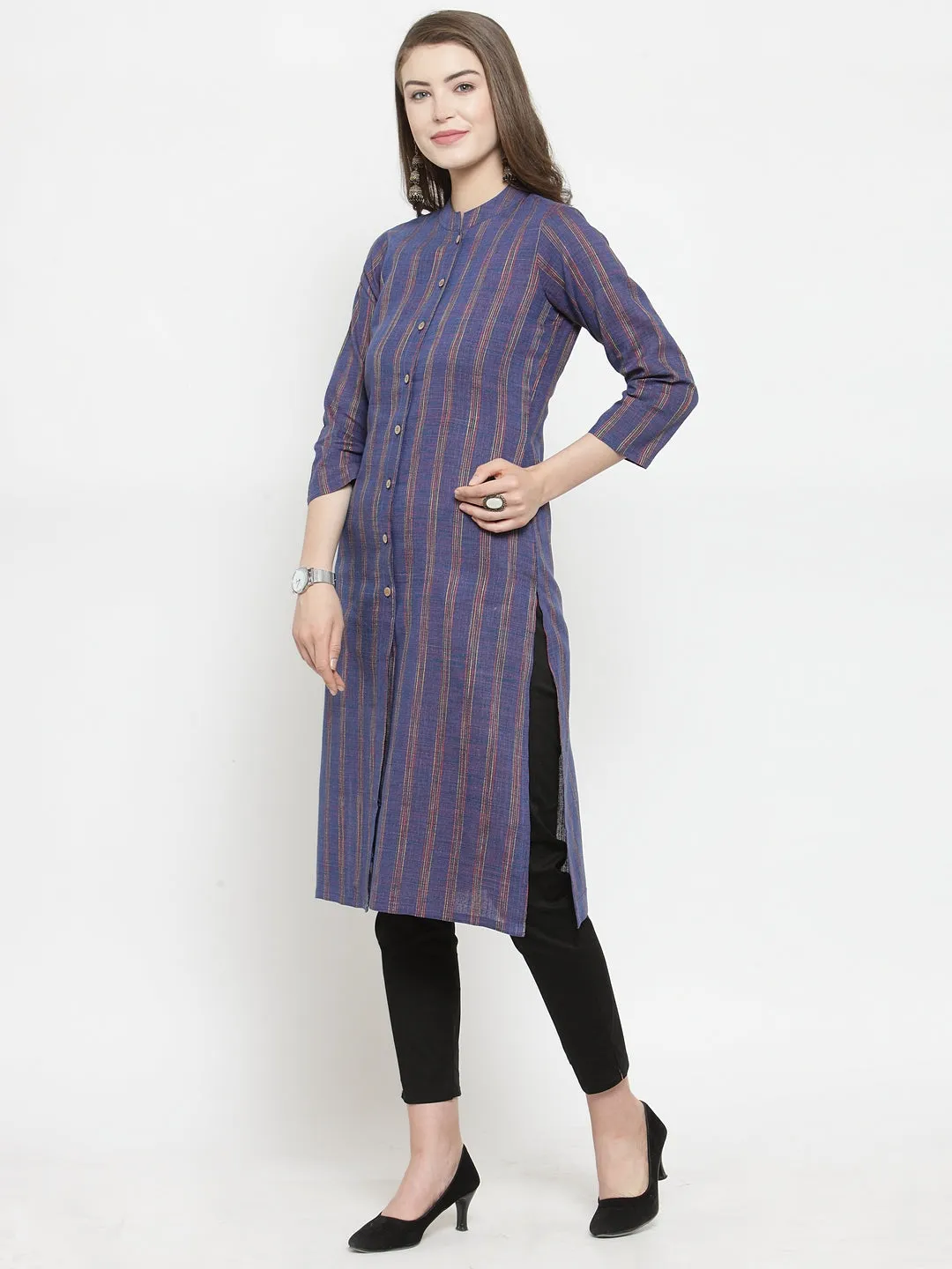 Jashvi Women Blue Blue Striped Cotton-blend Straight Kurta