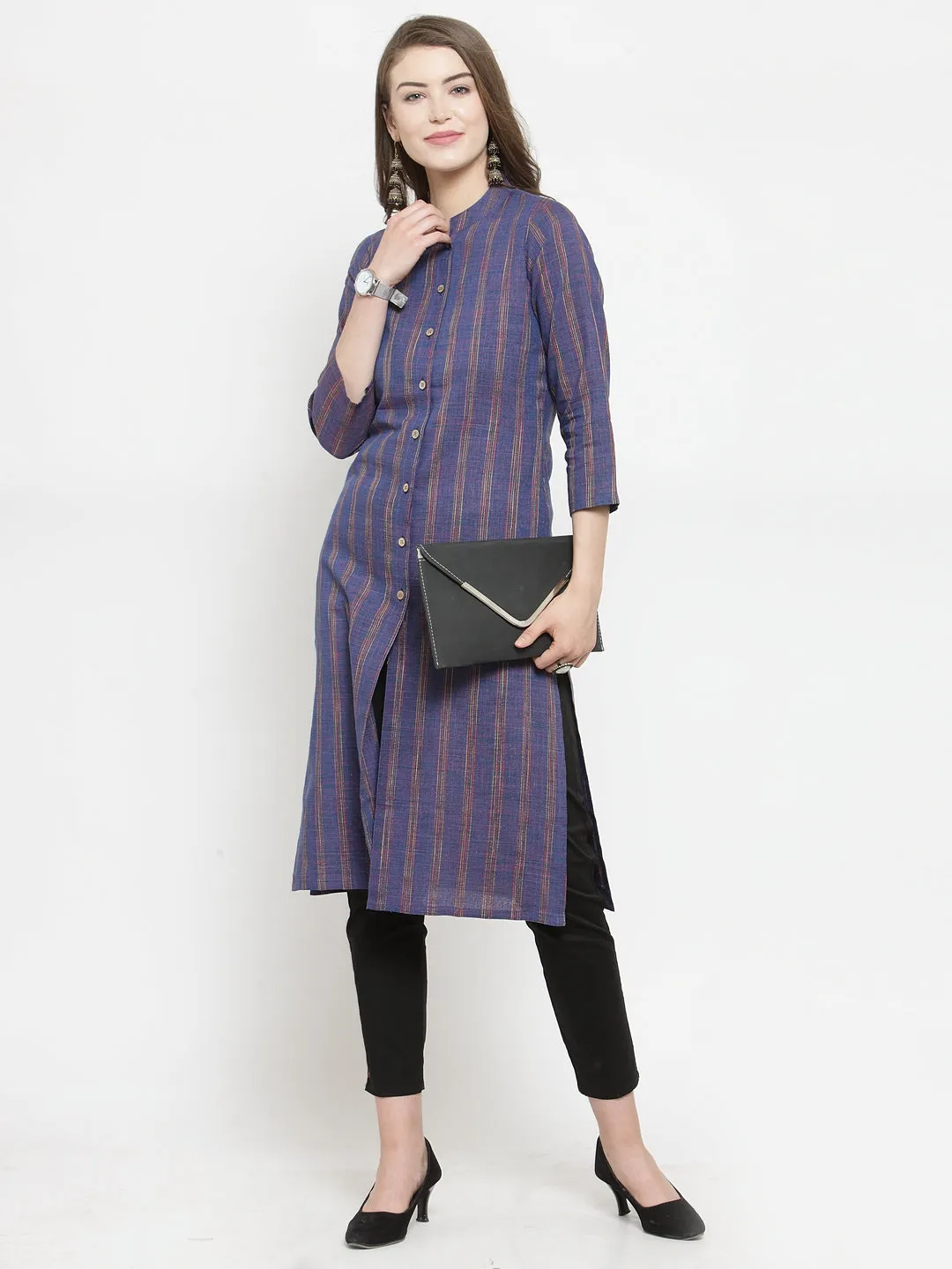 Jashvi Women Blue Blue Striped Cotton-blend Straight Kurta