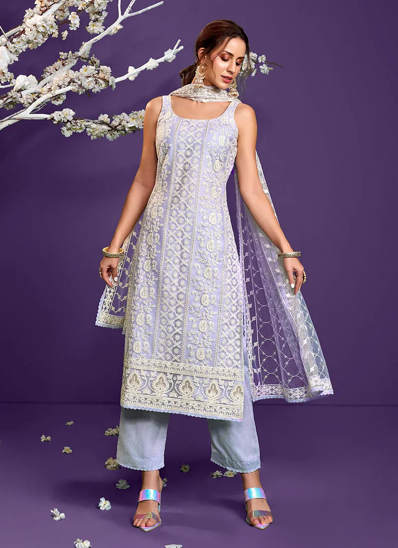 Lavender Lucknowi Embroidery Designer Pant Style Suit