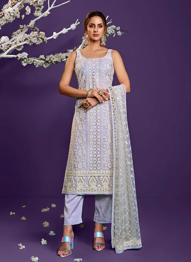 Lavender Lucknowi Embroidery Designer Pant Style Suit