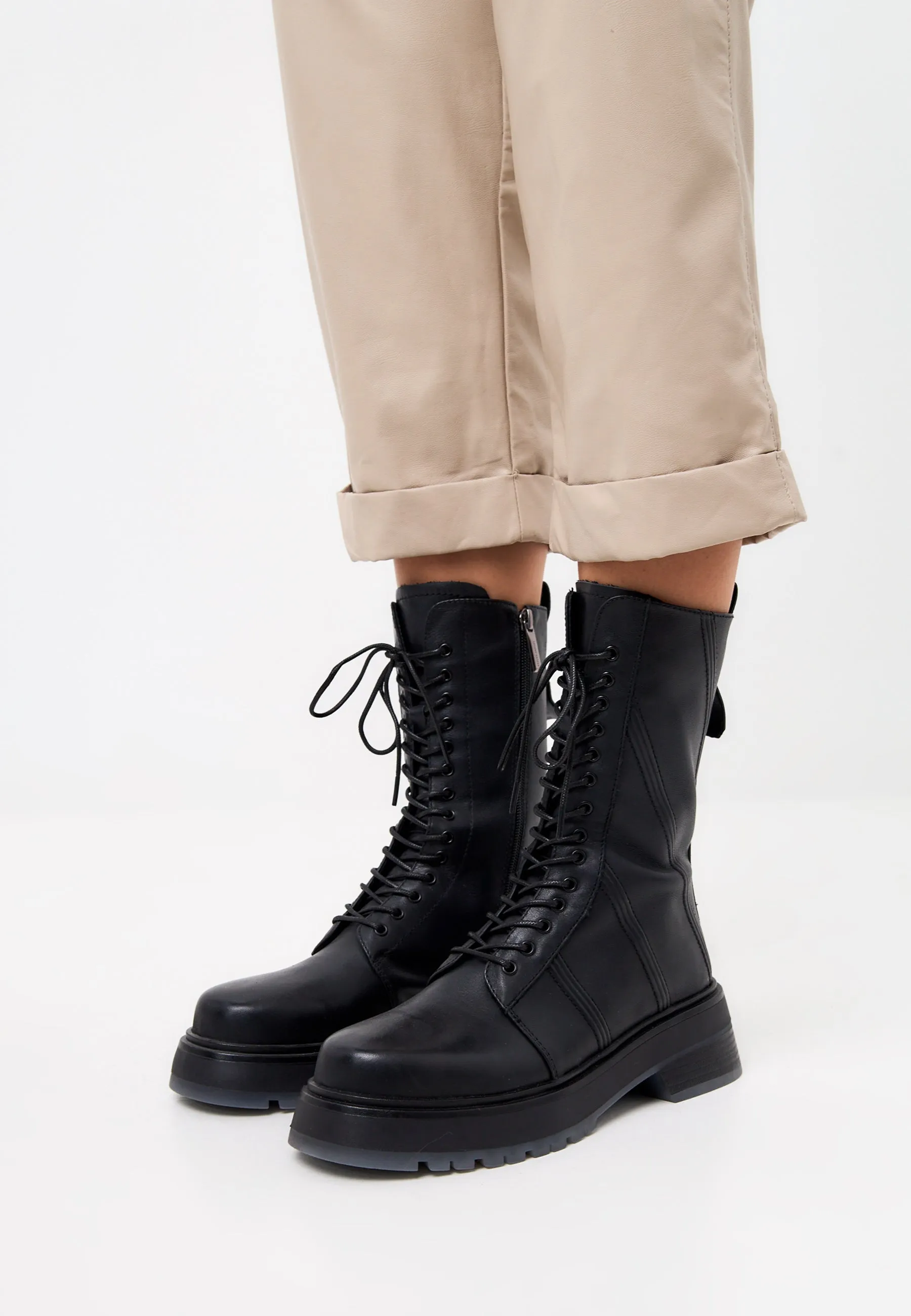 Leather Lace-up Ankle Boots - Black