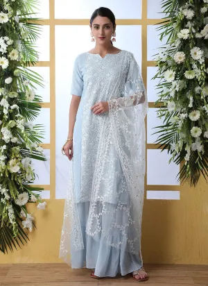 Light Blue Designer Embroidered Palazzo Style Suit