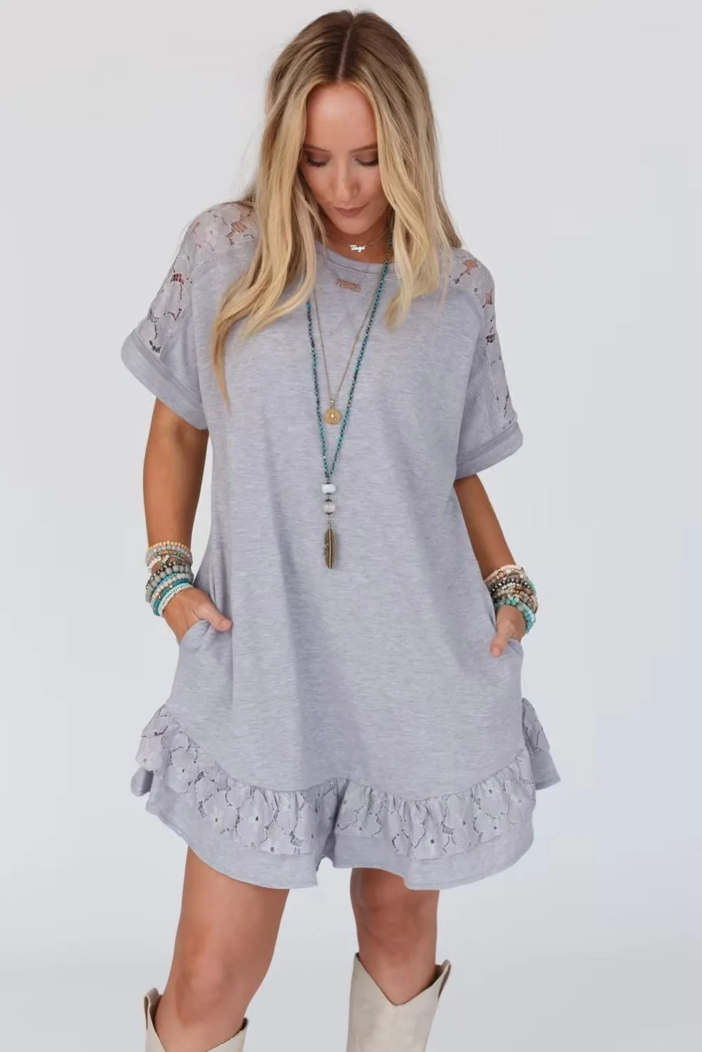 Light Grey Lace Floral Patchwork Ruffled T-shirt Dress